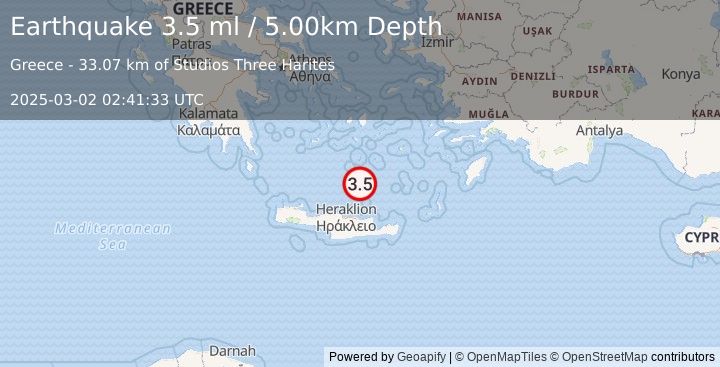 Earthquake CRETE, GREECE (3.2 ml) (2025-03-02 02:41:32 UTC)