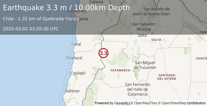 Earthquake CATAMARCA, ARGENTINA (3.3 m) (2025-03-02 03:20:30 UTC)