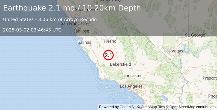 Earthquake CENTRAL CALIFORNIA (2.1 md) (2025-03-02 03:46:43 UTC)