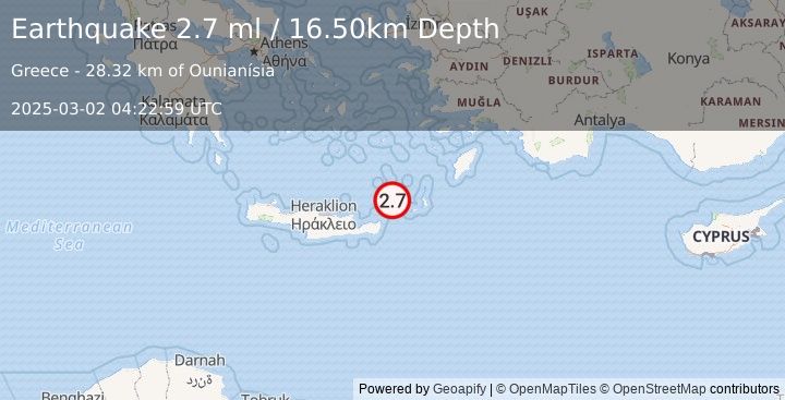 Earthquake CRETE, GREECE (2.7 ml) (2025-03-02 04:22:59 UTC)