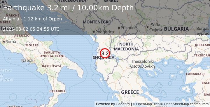 Earthquake ALBANIA (3.2 ml) (2025-03-02 05:34:55 UTC)