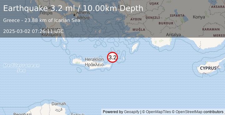 Earthquake CRETE, GREECE (3.2 ml) (2025-03-02 07:26:11 UTC)