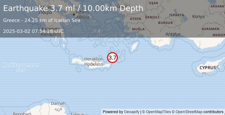 Earthquake CRETE, GREECE (3.7 ml) (2025-03-02 07:54:28 UTC)