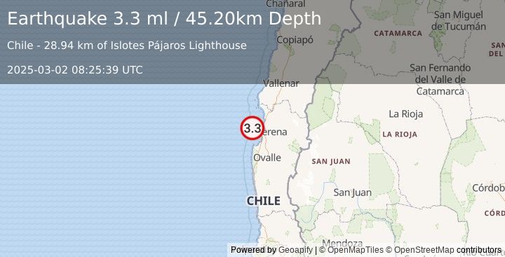 Earthquake OFFSHORE COQUIMBO, CHILE (3.3 ml) (2025-03-02 08:25:39 UTC)