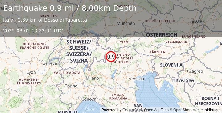 Earthquake NORTHERN ITALY (0.9 ml) (2025-03-02 10:22:01 UTC)