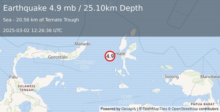 Earthquake MOLUCCA SEA (4.9 mb) (2025-03-02 12:26:36 UTC)