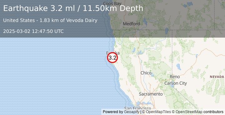 Earthquake NORTHERN CALIFORNIA (3.0 ml) (2025-03-02 12:47:51 UTC)