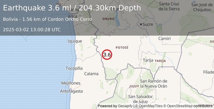 Earthquake POTOSI, BOLIVIA (3.6 ml) (2025-03-02 13:00:28 UTC)