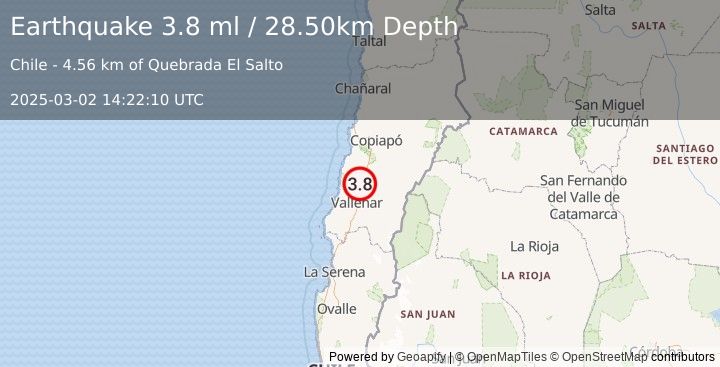 Earthquake ATACAMA, CHILE (3.8 ml) (2025-03-02 14:22:10 UTC)