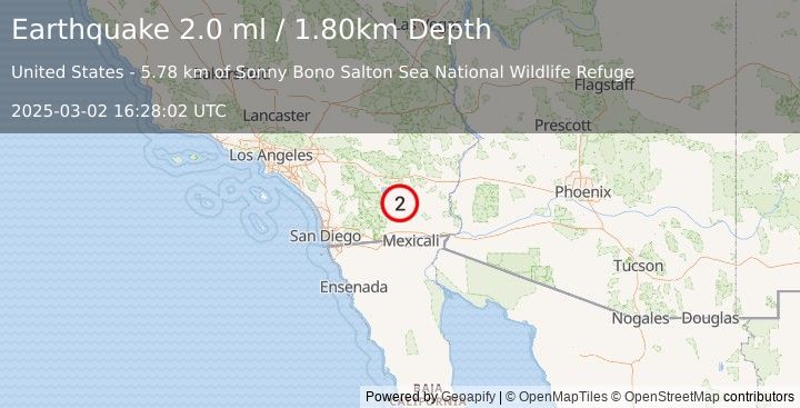 Earthquake SOUTHERN CALIFORNIA (2.0 ml) (2025-03-02 16:28:02 UTC)