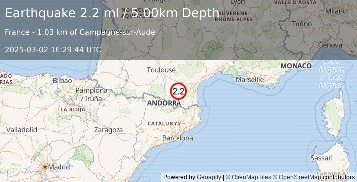 Earthquake PYRENEES (2.2 ml) (2025-03-02 16:29:44 UTC)