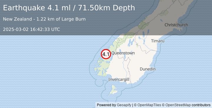 Earthquake SOUTH ISLAND OF NEW ZEALAND (4.1 ml) (2025-03-02 16:42:33 UTC)