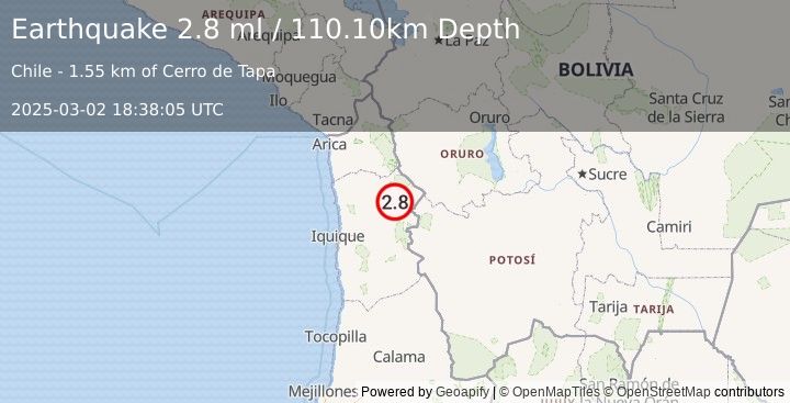 Earthquake TARAPACA, CHILE (2.8 ml) (2025-03-02 18:38:05 UTC)