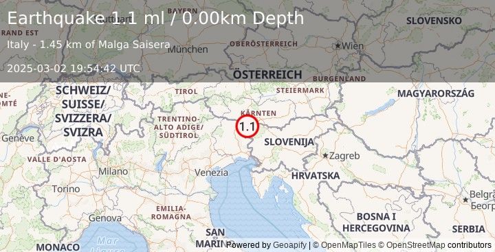 Earthquake NORTHERN ITALY (1.1 ml) (2025-03-02 19:54:42 UTC)