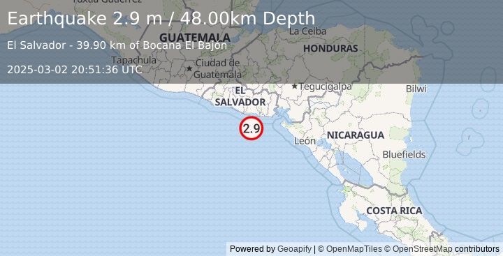 Earthquake OFFSHORE EL SALVADOR (2.9 m) (2025-03-02 20:51:36 UTC)