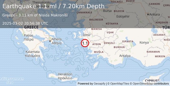 Earthquake DODECANESE ISLANDS, GREECE (1.1 ml) (2025-03-02 20:56:38 UTC)