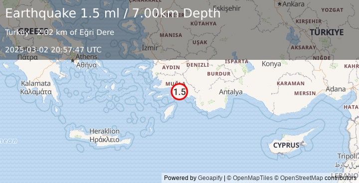 Earthquake DODECANESE IS.-TURKEY BORDER REG (1.5 ml) (2025-03-02 20:57:47 UTC)