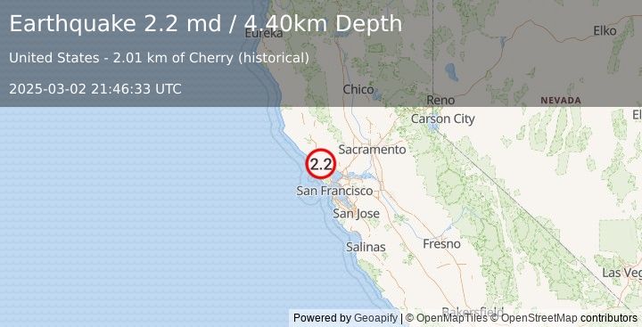 Earthquake NORTHERN CALIFORNIA (2.2 md) (2025-03-02 21:46:33 UTC)