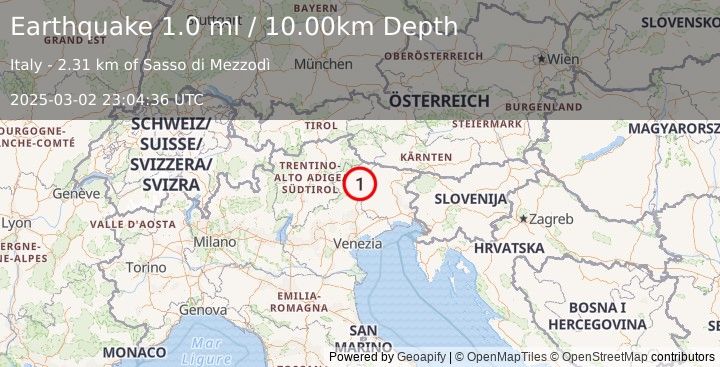 Earthquake NORTHERN ITALY (1.0 ml) (2025-03-02 23:04:36 UTC)