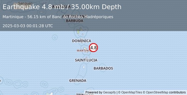 Earthquake MARTINIQUE REGION, WINDWARD ISL. (4.8 mb) (2025-03-03 00:01:28 UTC)