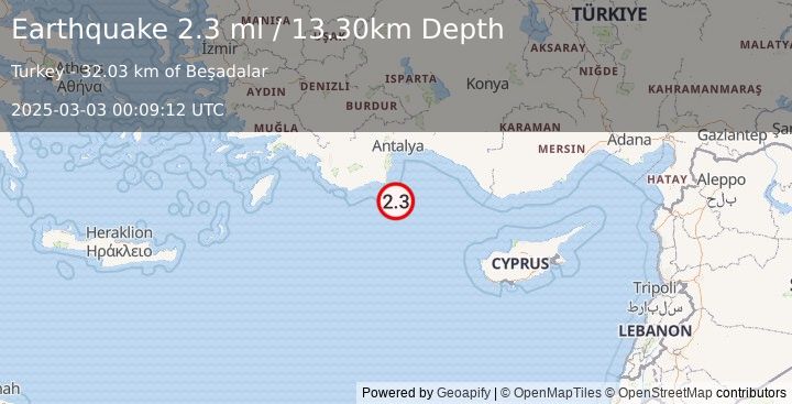 Earthquake EASTERN MEDITERRANEAN SEA (2.3 ml) (2025-03-03 00:09:12 UTC)