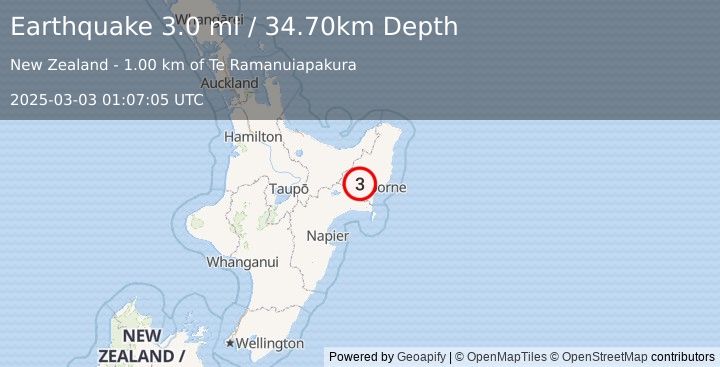 Earthquake NORTH ISLAND OF NEW ZEALAND (3.0 ml) (2025-03-03 01:07:05 UTC)