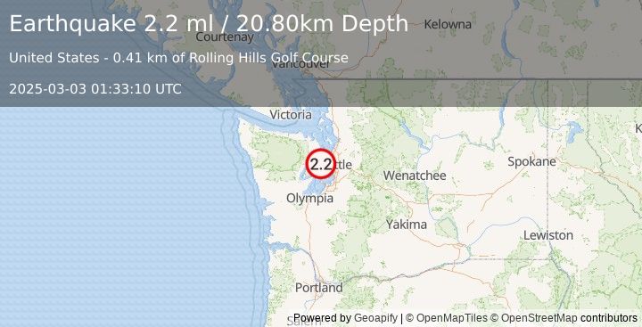 Earthquake SEATTLE-TACOMA AREA, WASHINGTON (2.2 ml) (2025-03-03 01:33:10 UTC)