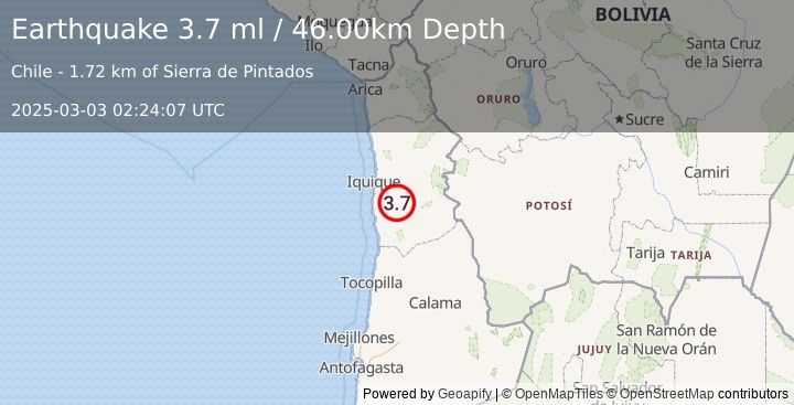 Earthquake TARAPACA, CHILE (3.7 ml) (2025-03-03 02:24:07 UTC)