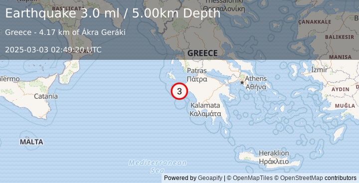 Earthquake IONIAN SEA (3.0 ml) (2025-03-03 02:49:20 UTC)