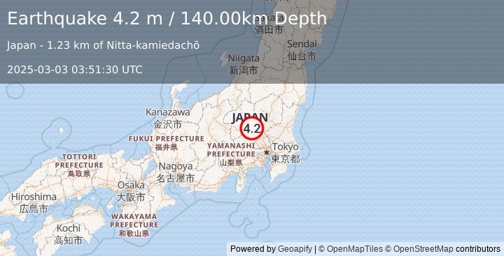 Earthquake EASTERN HONSHU, JAPAN (4.5 mb) (2025-03-03 03:50:58 UTC)