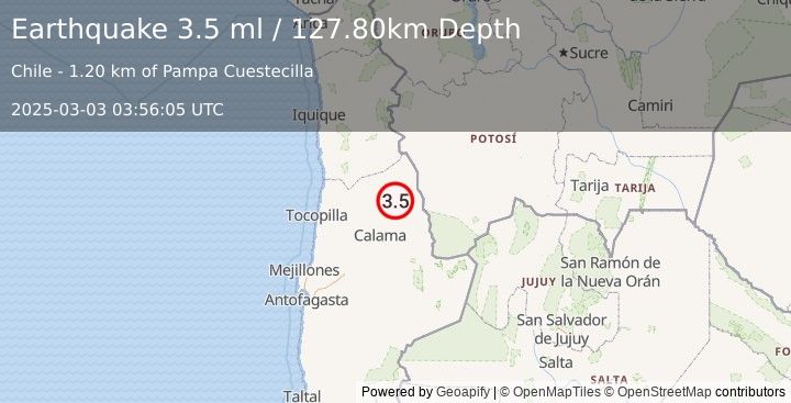 Earthquake ANTOFAGASTA, CHILE (3.5 ml) (2025-03-03 03:56:05 UTC)