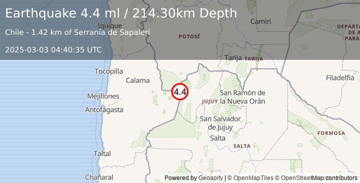 Earthquake ANTOFAGASTA, CHILE (4.7 mb) (2025-03-03 04:40:33 UTC)