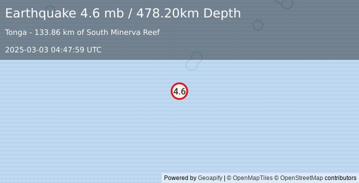 Earthquake SOUTH OF FIJI ISLANDS (4.6 mb) (2025-03-03 04:47:59 UTC)