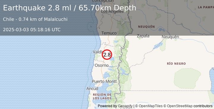 Earthquake LOS LAGOS, CHILE (2.8 ml) (2025-03-03 05:18:16 UTC)