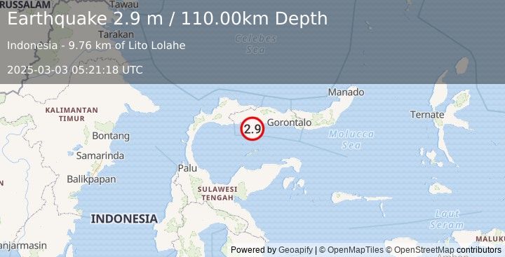 Earthquake MINAHASA, SULAWESI, INDONESIA (2.9 m) (2025-03-03 05:21:18 UTC)