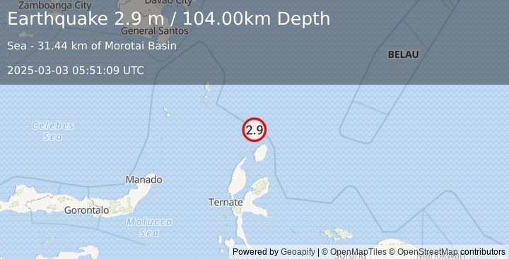 Earthquake NORTH OF HALMAHERA, INDONESIA (2.9 m) (2025-03-03 05:51:09 UTC)