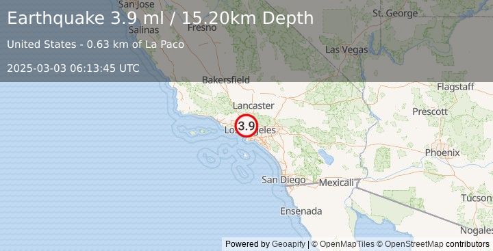 Earthquake GREATER LOS ANGELES AREA, CALIF. (3.8 ml) (2025-03-03 06:13:44 UTC)