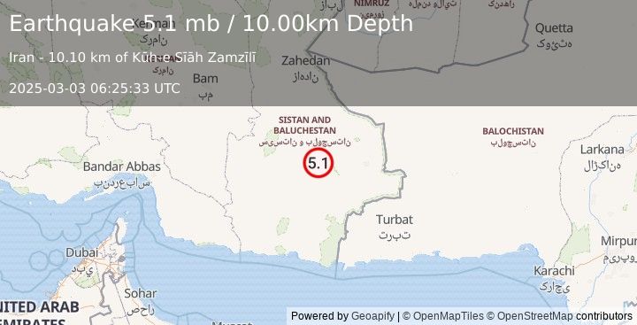 Earthquake SOUTHEASTERN IRAN (5.2 mb) (2025-03-03 06:25:31 UTC)