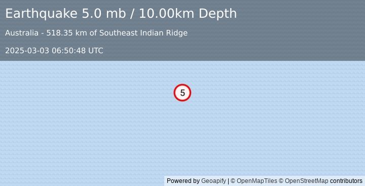 Earthquake SOUTHEAST INDIAN RIDGE (5.0 mb) (2025-03-03 06:50:48 UTC)