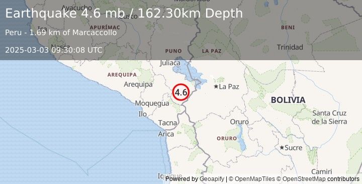 Earthquake SOUTHERN PERU (4.6 mb) (2025-03-03 09:30:08 UTC)