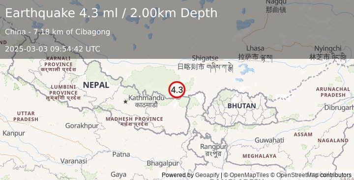 Earthquake WESTERN XIZANG (4.3 ml) (2025-03-03 09:54:42 UTC)