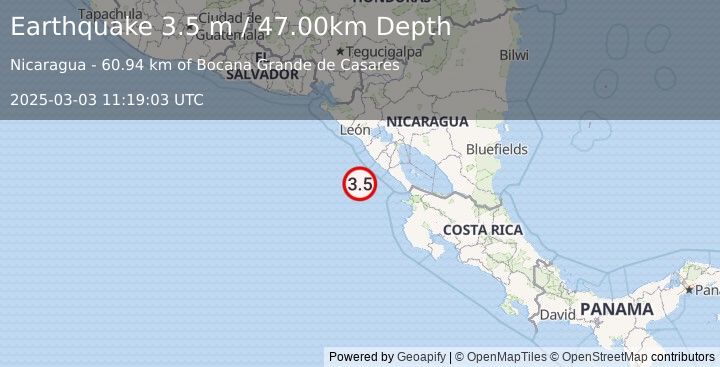 Earthquake NEAR COAST OF NICARAGUA (3.5 m) (2025-03-03 11:19:03 UTC)