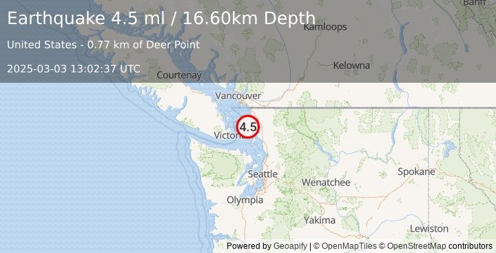 Earthquake SAN JUAN ISLANDS REG, WASHINGTON (4.5 ml) (2025-03-03 13:02:37 UTC)