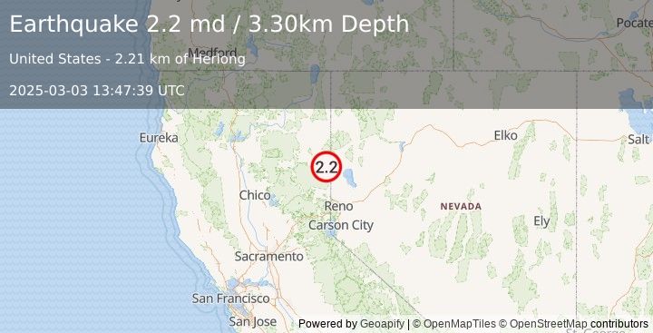 Earthquake NORTHERN CALIFORNIA (2.2 md) (2025-03-03 13:47:39 UTC)