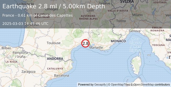 Earthquake NEAR SOUTH COAST OF FRANCE (2.8 ml) (2025-03-03 14:45:46 UTC)