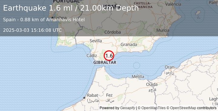 Earthquake STRAIT OF GIBRALTAR (1.6 ml) (2025-03-03 15:16:08 UTC)