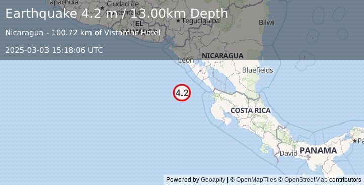 Earthquake NEAR COAST OF NICARAGUA (4.2 m) (2025-03-03 15:18:06 UTC)