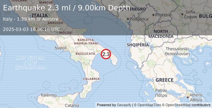 Earthquake SOUTHERN ITALY (2.3 ml) (2025-03-03 16:06:16 UTC)