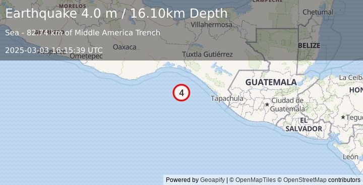 Earthquake OFF COAST OF CHIAPAS, MEXICO (4.0 m) (2025-03-03 16:15:39 UTC)