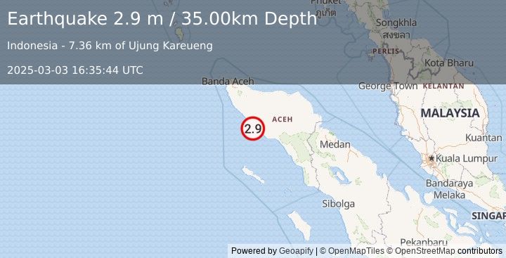 Earthquake NORTHERN SUMATRA, INDONESIA (2.9 m) (2025-03-03 16:35:44 UTC)